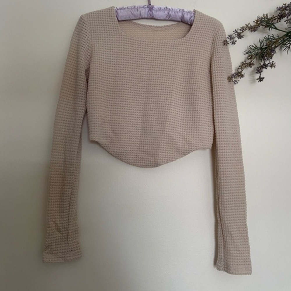 Beige Tan Long Sleeve Waffle Knit Crop Top-L